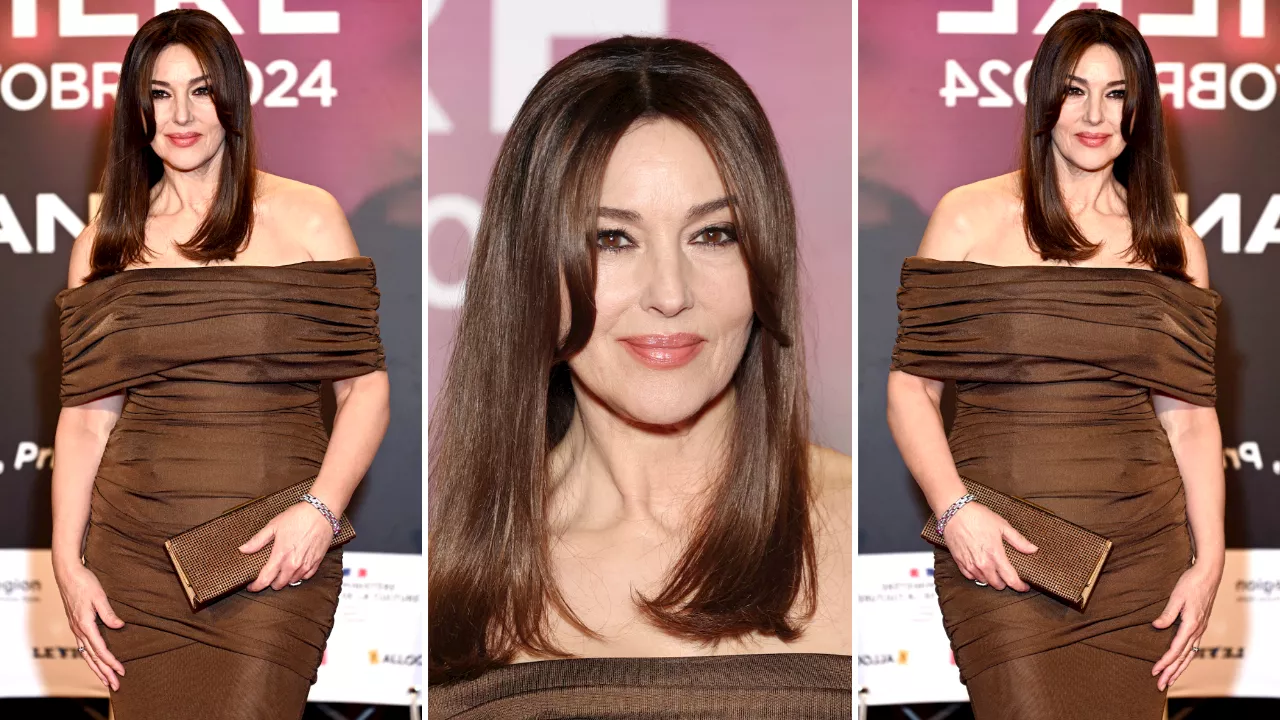 Monica Bellucci, la queen della tinta brunette rilancia la frangia a tendina a 60 anni