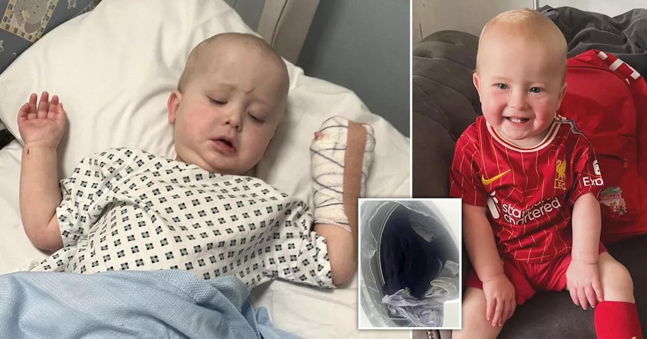 Toddler covered in blood after washing machine exploded in his face