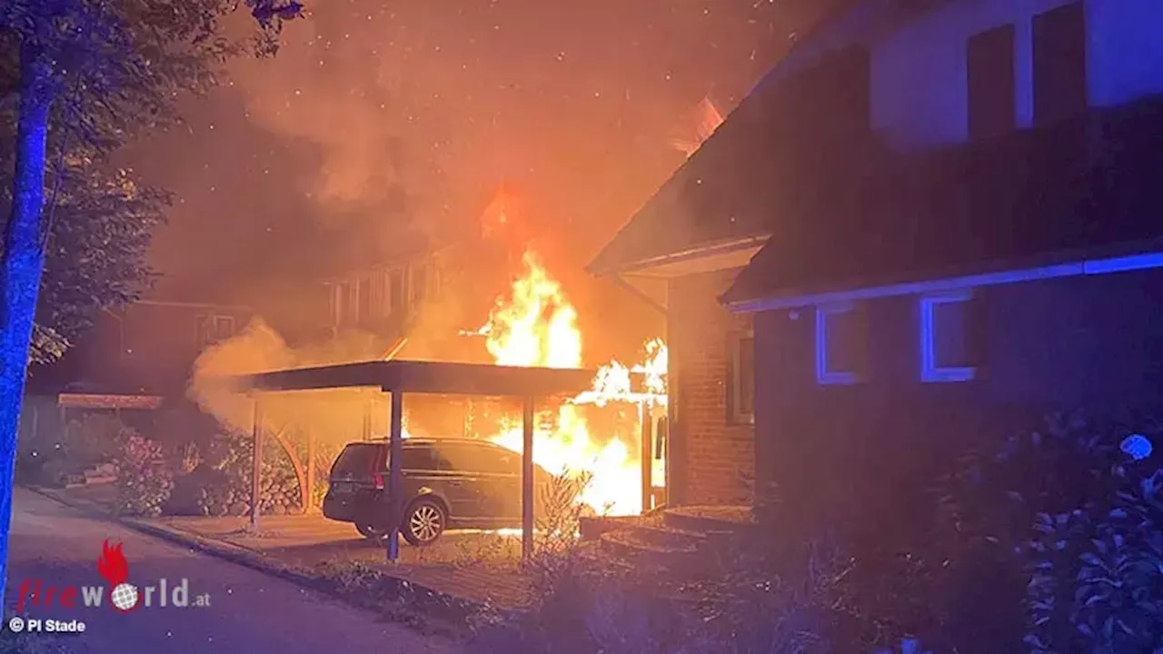 D: Carport zwischen zwei Reihenhäusern in Stade in Flammen