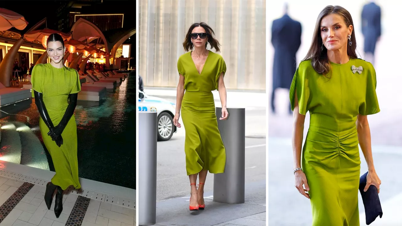 Cómo llevar vestido verde con zapatos de tacón rojos como Victoria Beckham en otoño 2024