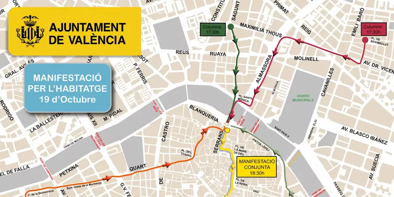 Manifestación por la vivienda en Valencia el sábado 19 de octubre: horario, recorrido, calles cortadas al t...