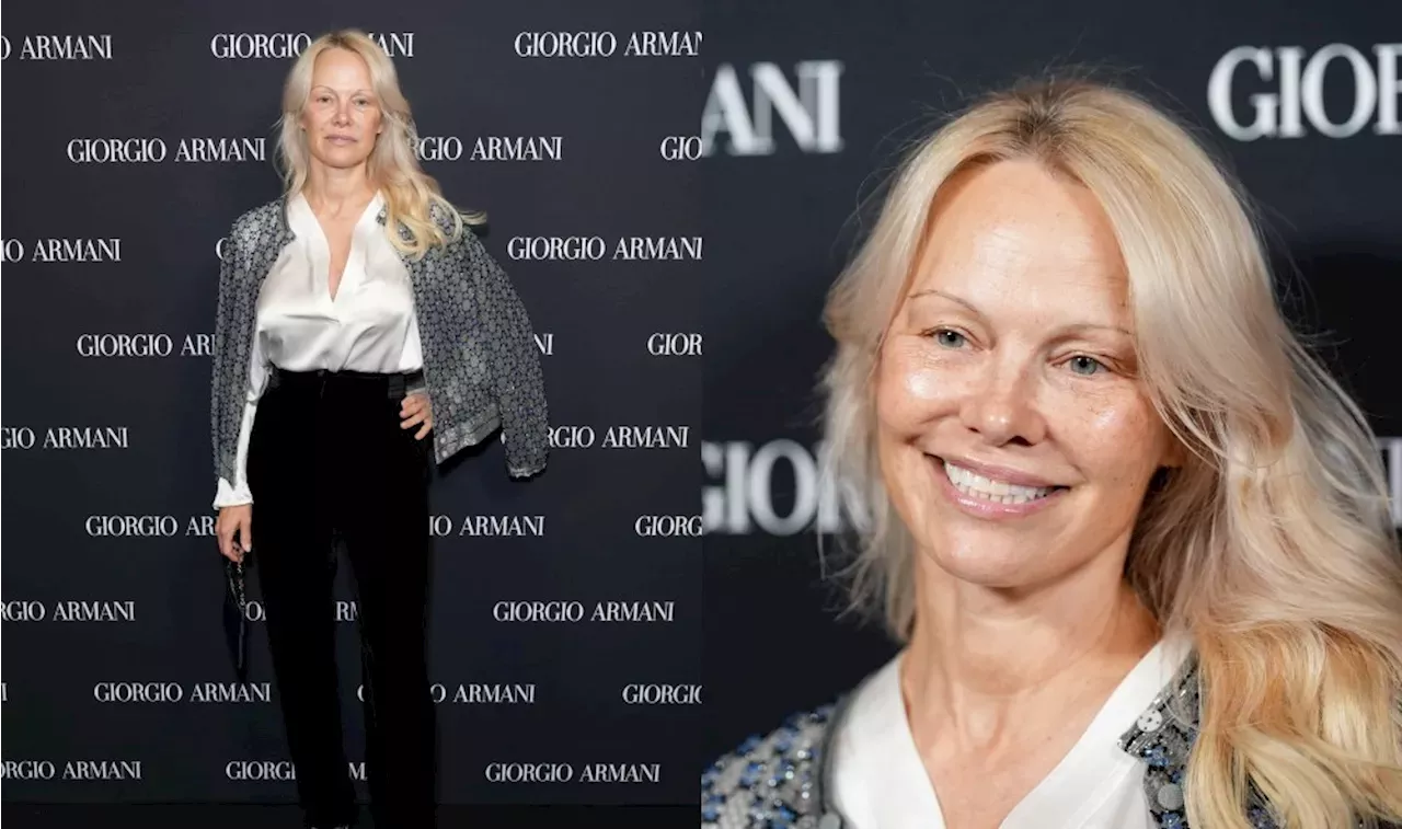 Pamela Anderson Makes a Shimmering Arrival at Giorgio Armani’s Fashion Show in New York