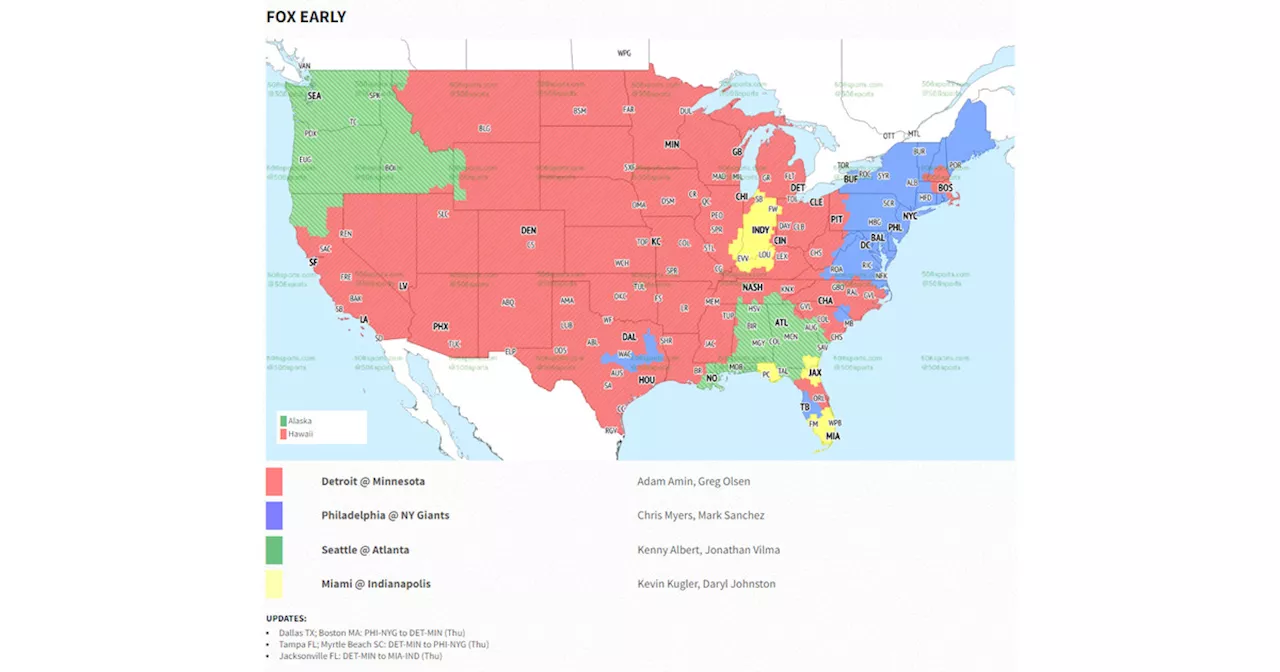 NFL Week 7 TV broadcast map, FOX commentators for Seahawks vs. Falcons