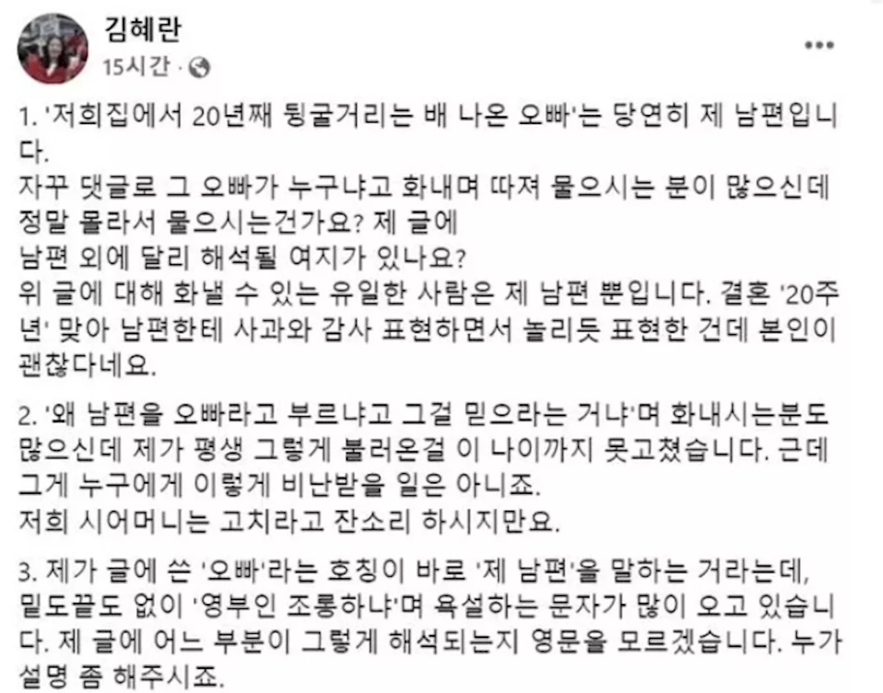 김혜란 국민의힘 대변인, '배 나온 오빠' 지칭 논란