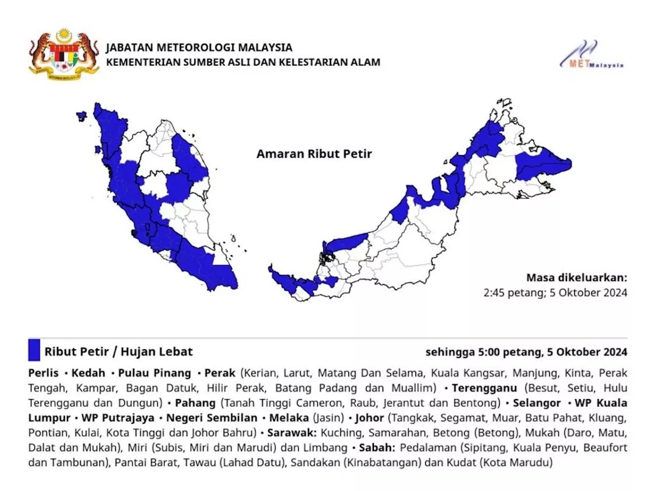 MetMalaysia issues storm warning for nine states