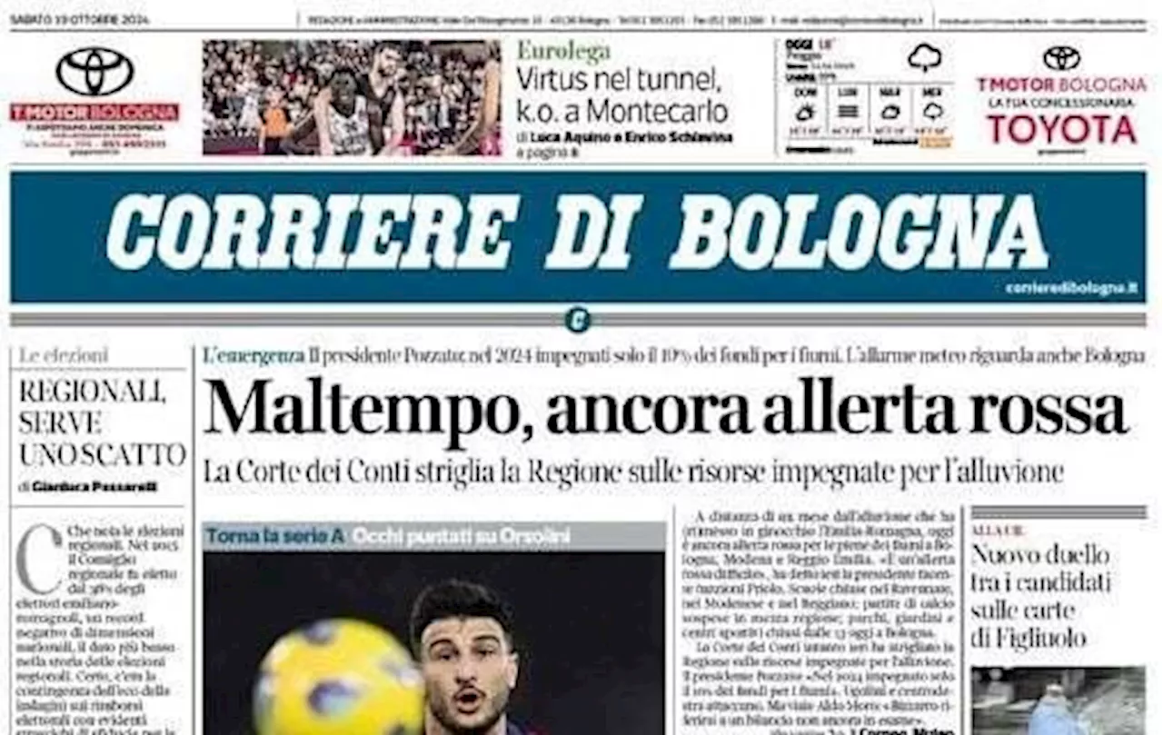 Il Corriere di Bologna in apertura: 'Un Bologna pieno di cerotti riparte dal campo di Marassi'