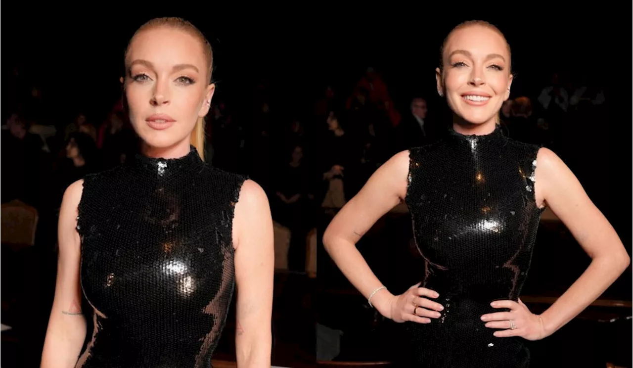 Lindsay Lohan Sparkles in Black Sequined Dress at Balenciaga’s Spring 2025 Paris Fashion Week Show