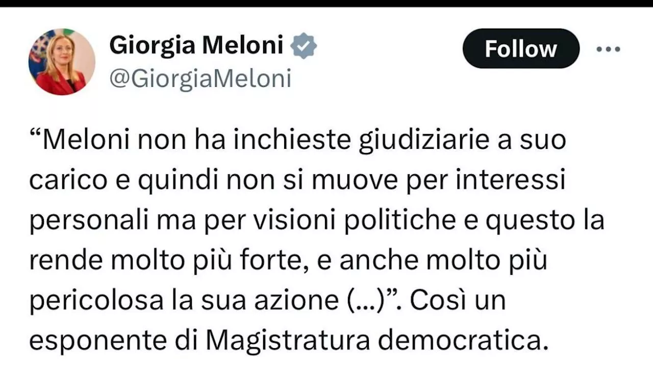 «Meloni più pericolosa di Berlusconi»: la premier posta la mail di un giudice che la attacca