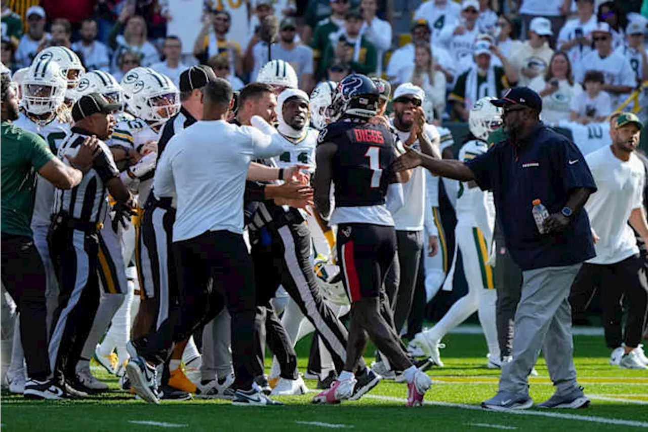 Tempers flare between Texans’ Stefon Diggs and Packers, Jaire Alexander before kickoff at Lambeau Field