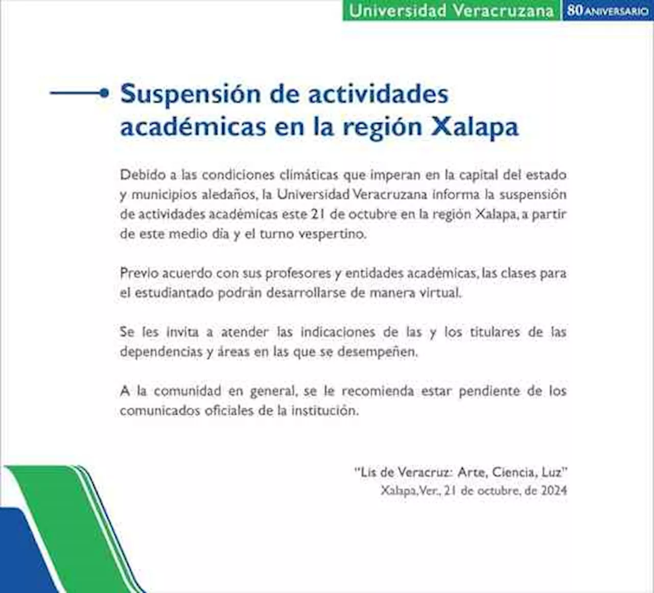 UV suspende actividades en Xalapa y Veracruz-Boca del Río ante lluvias