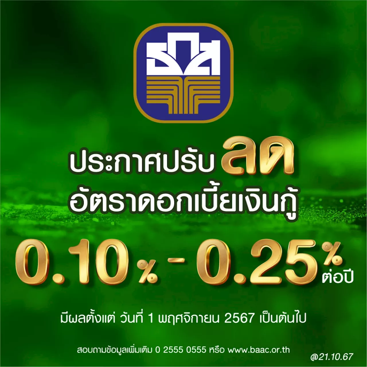 ธ.ก.ส. ประกาศลดดอกเบี้ยเงินกู้ สูงสุด 0.25% ขานรับมติ กนง. มีผล 1 พ.ย.67