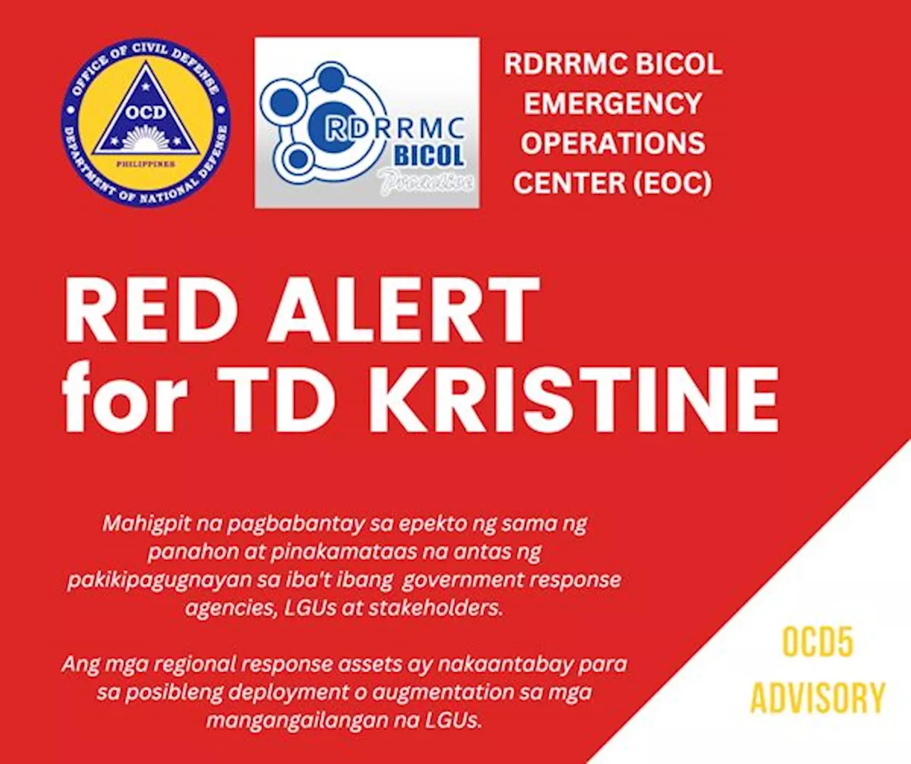 Bicol disaster responders on red alert due to 'Kristine'