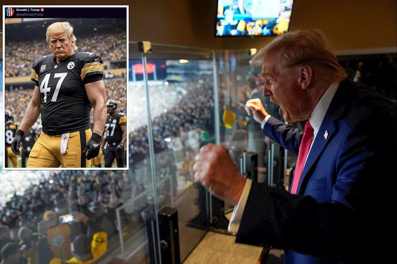 Donald Trump spotted at Jets-Steelers game, posts jacked-up pic of himself in Pittsburgh uniform