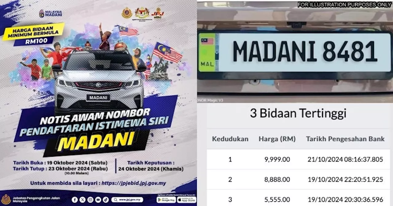 M'sians are Racing to Buy JPJ's New 'MADANI8481' Plate Number, Highest Bid So Far is RM9,999