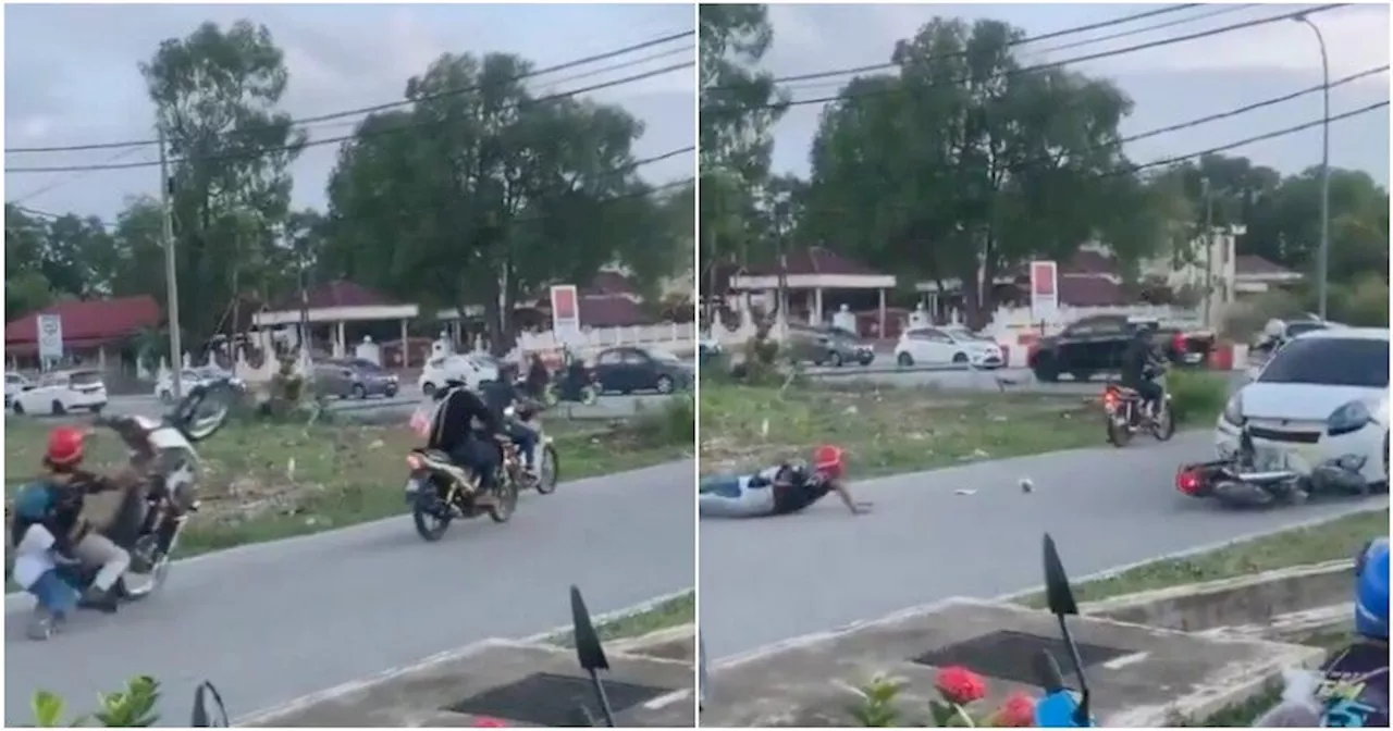 PDRM Hunting for Mat Rempits Who Fled the Scene After Damaging a Myvi During Failed Wheelie Stunt