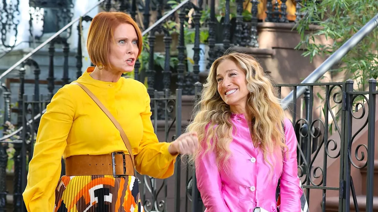 Sarah Jessica Parker and Cynthia Nixon glow in colorful dresses as they shoot And Just Like That in...