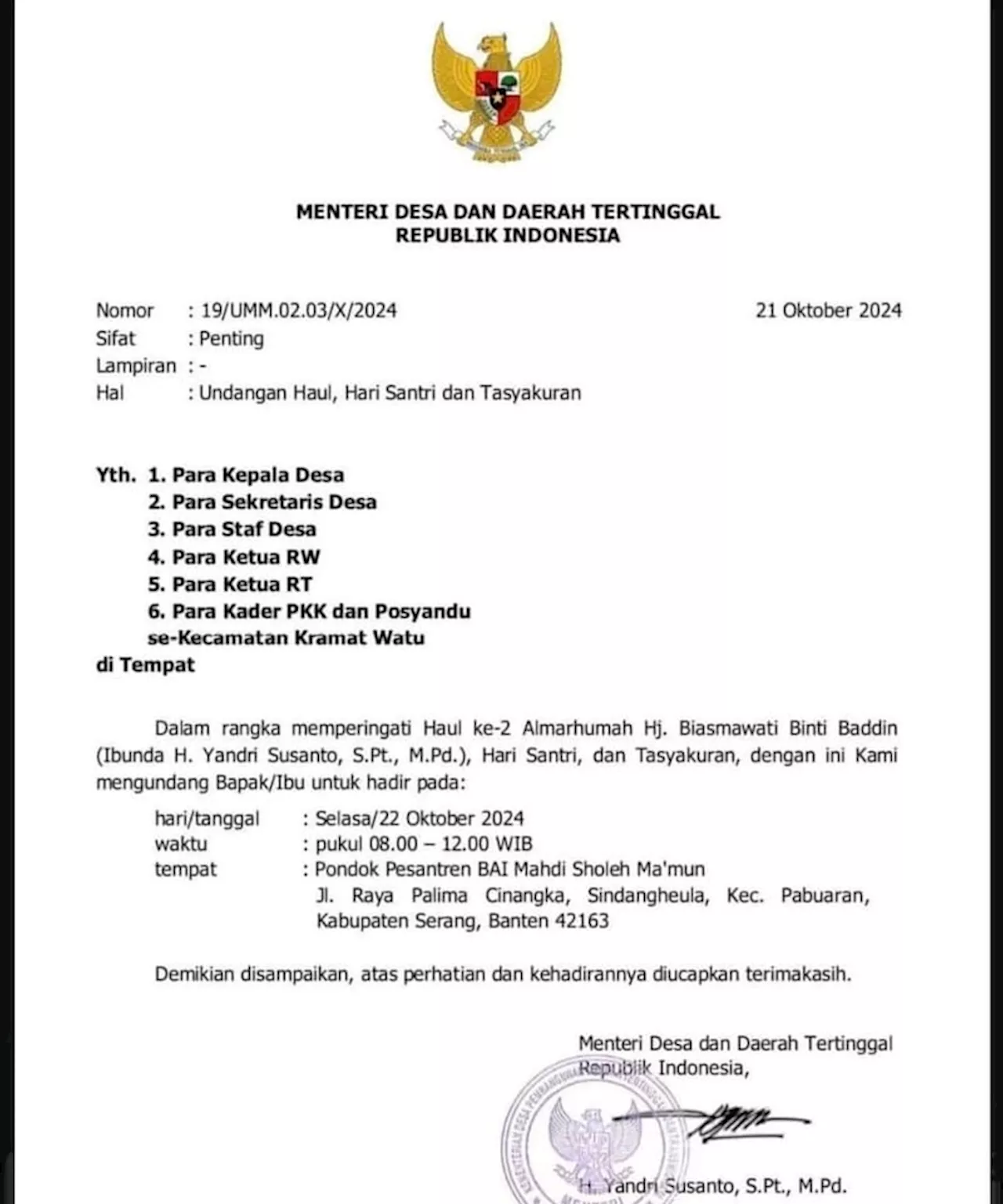 Yandri Susanto Buat Undangan Haul dan Tasyakuran Pakai Kop Surat Menteri, DPR Jangan Buat Gaduh