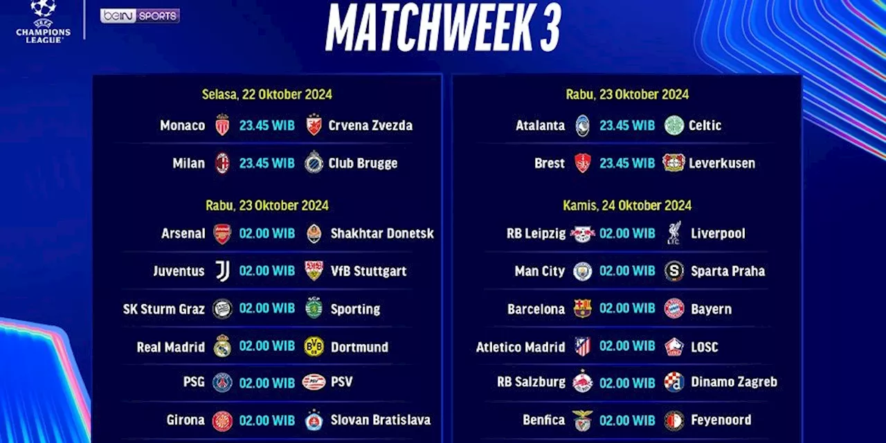 Jadwal Live Streaming Pertandingan Liga Champion 2024/25 Matchweek 3 Pekan Ini di Vidio