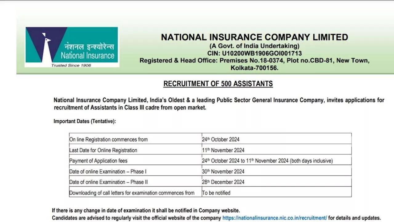 NICL Assistant Recruitment 2024: नेशनल इंश्योरेंस कंपनी लिमिटेड ने असिस्टेंट के पदों पर निकाली भर्ती, कल से करें आवेदन