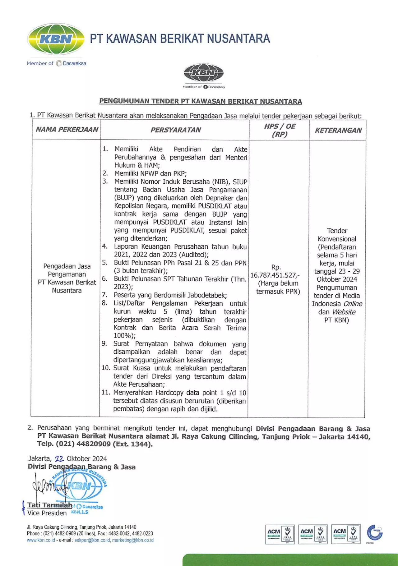 Pengumuman Tender Pengadaan Jasa Keamanan PT Kawasan Berikat Nusantara