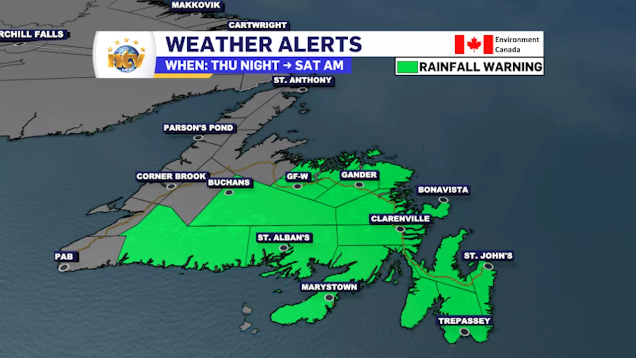 Rainfall Warnings in effect until early Saturday for much of Newfoundland