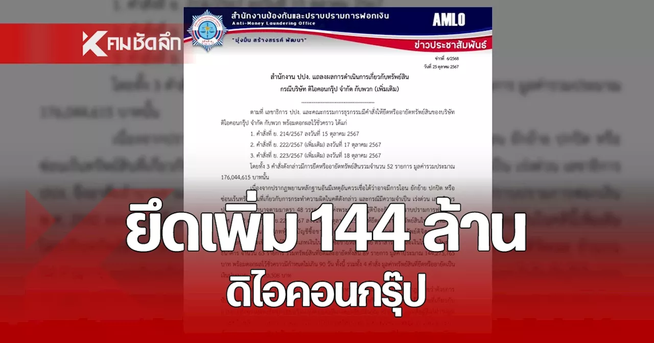 ดิไอคอน กรุ๊ป อ่วม! ปปง.ยึดทรัพย์ ล็อตที่ 4 อีก 144 ล้าน รวมเป็น 320 ล้าน