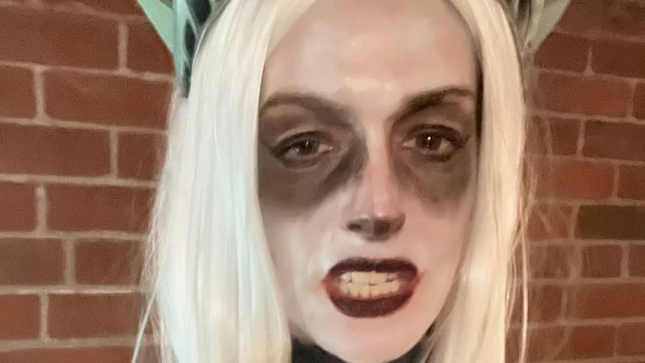 Anne Hathaway looks unrecognizable with blonde wig and spooky makeup as she kicks off Halloween...