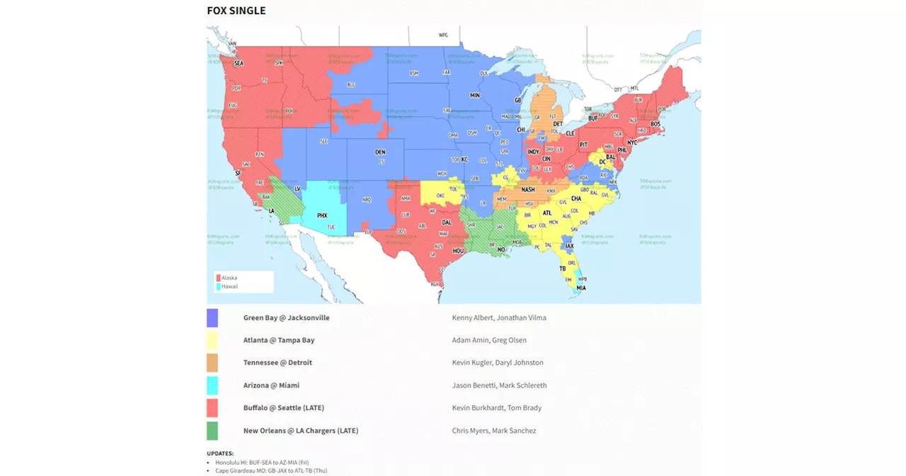 NFL Week 8 TV broadcast coverage map, FOX commentators for Seahawks vs. Bills