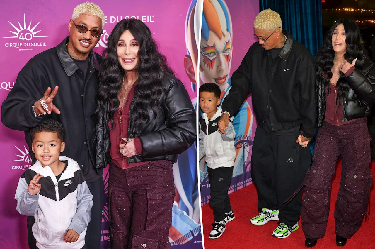 Cher, 78, and boyfriend Alexander 'AE' Edwards, 38, take his son, Slash, 5, to Cirque du Soleil show