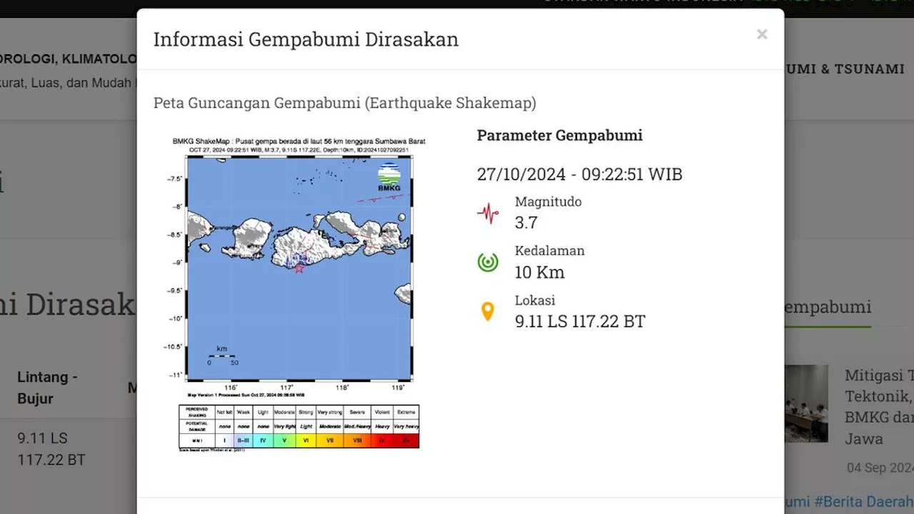 Gempa Hari Ini Minggu 27 Oktober 2024 di Indonesia: Pagi Tadi Getarkan Sumbawa Barat NTB