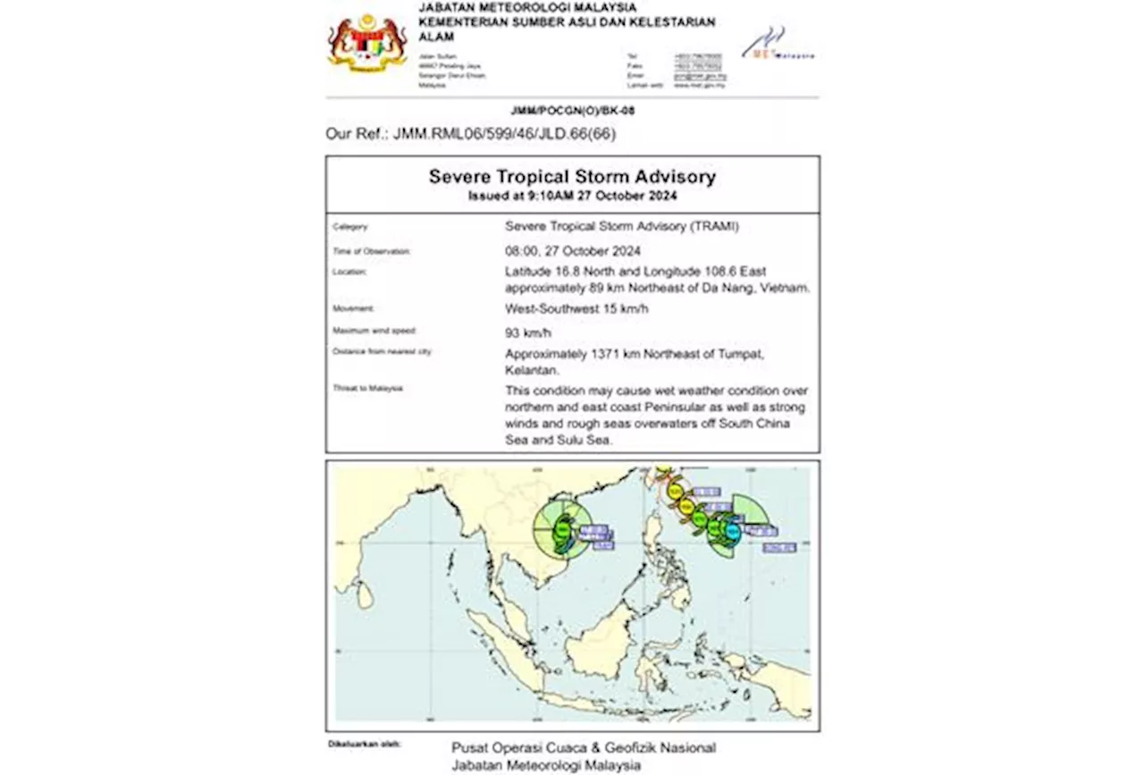 MetMalaysia: Tropical Storm Trami to cause severe weather in northern peninsula