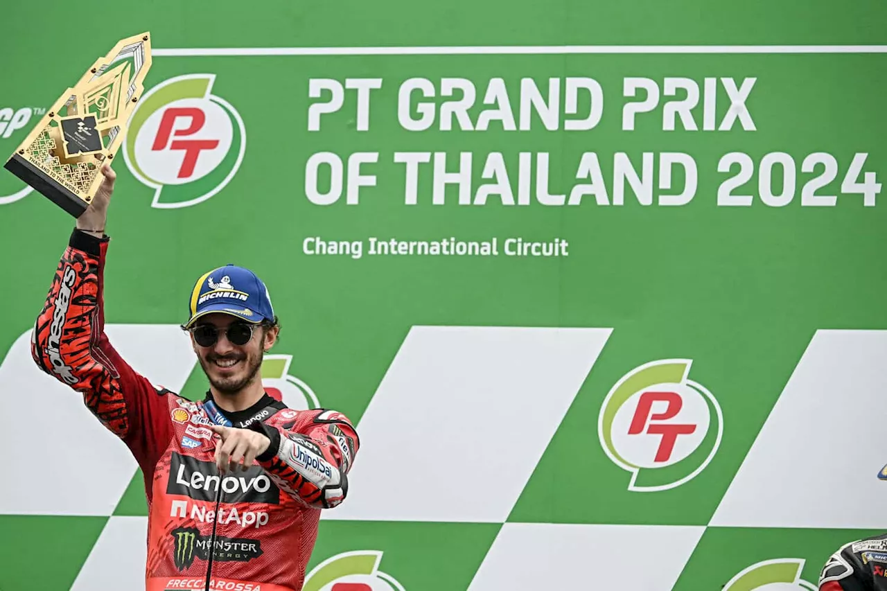 Bagnaia wins wet Thai MotoGP to close gap on title rival Martin