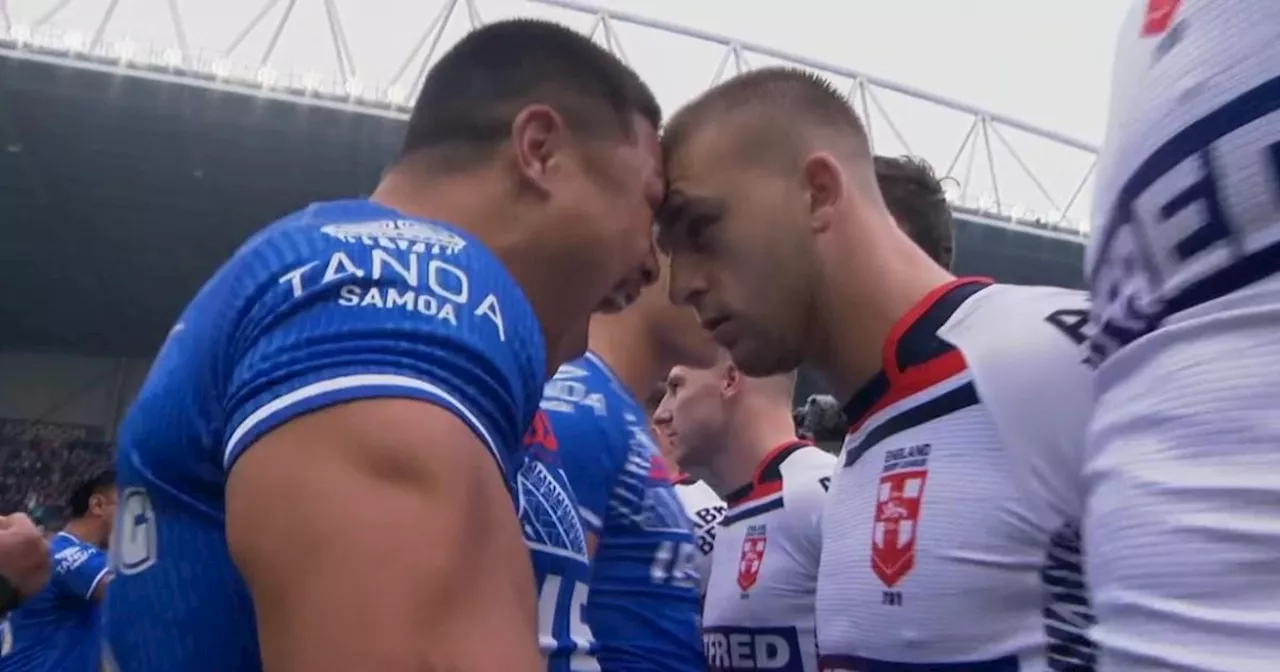 England rugby star butts heads with rival during 'feisty' Samoa Siva Tau dance