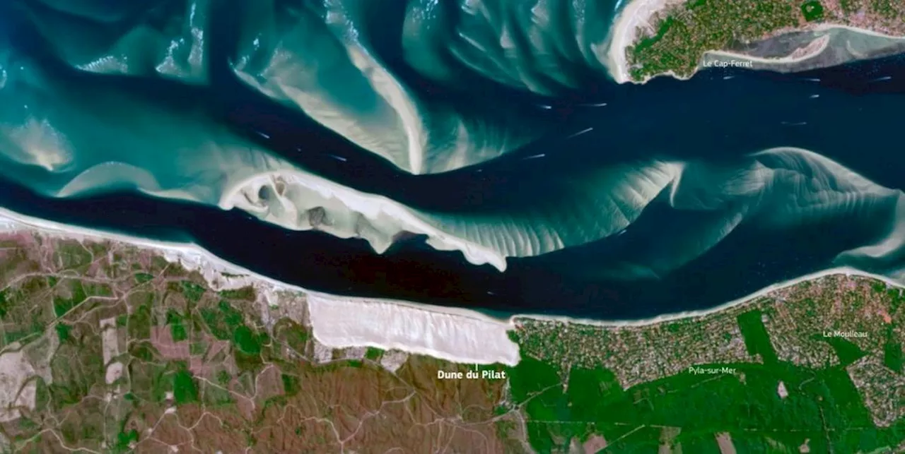 En images. Bassin d’Arcachon : le banc d’Arguin vu de très haut dans le ciel, et vu de la mer, pendant les grandes marées