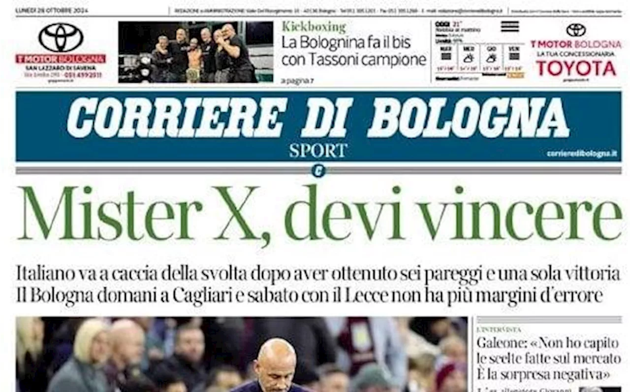 Il Corriere di Bologna in prima pagina: 'Trasferta a Cagliari: i rossoblu cercano la vittoria'