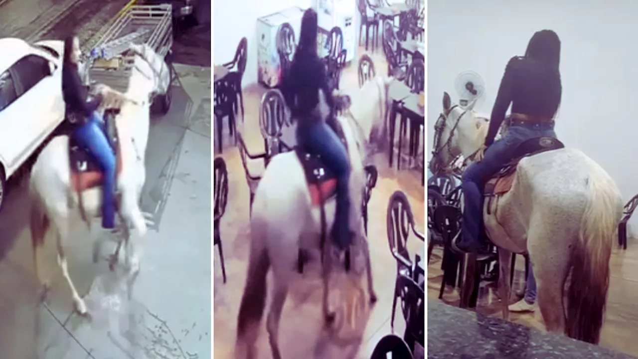 Pizza à cavalo: mulher entra em lanchonete montada em animal, no interior de MG