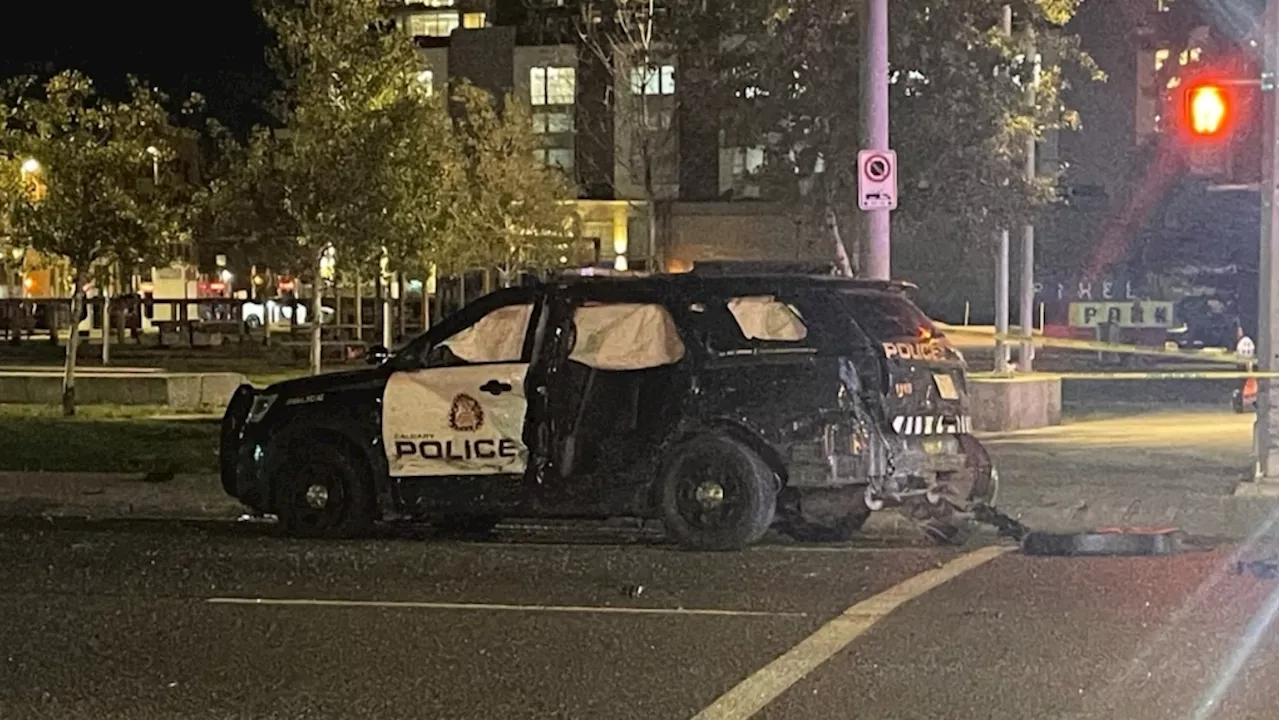 Police vehicle involved in collision at Macleod and 12th Avenue S.E.