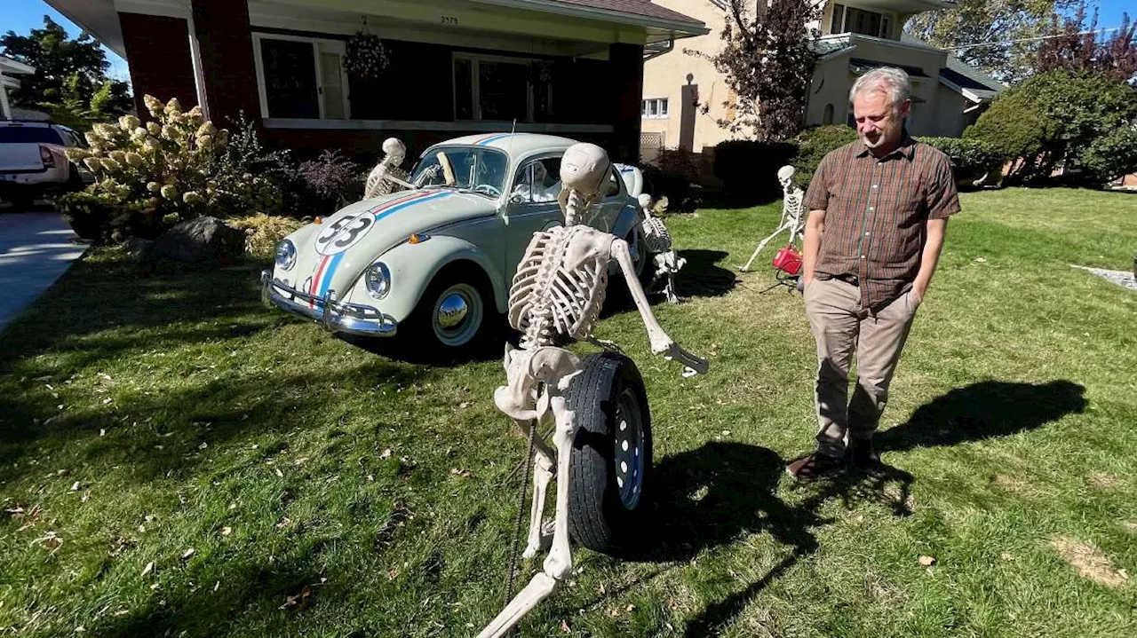 Ogden man takes Halloween seriously, installing new skeleton displays outside his home daily