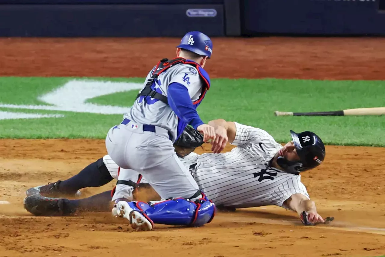 Lumbering Giancarlo Stanton tagged out at home in befuddling Yankees World Series decision