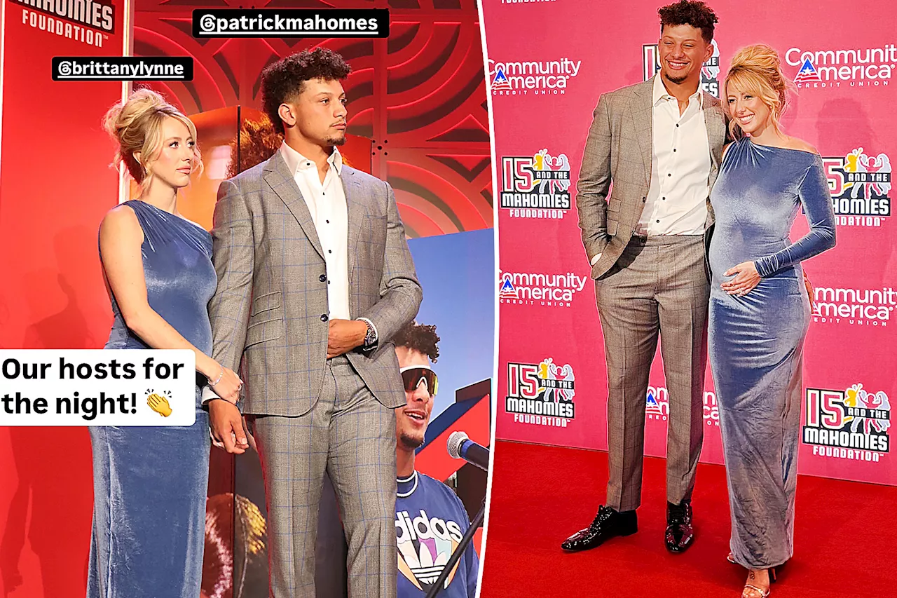 Pregnant Brittany Mahomes goes glam in blue velvet for charity event with husband Patrick