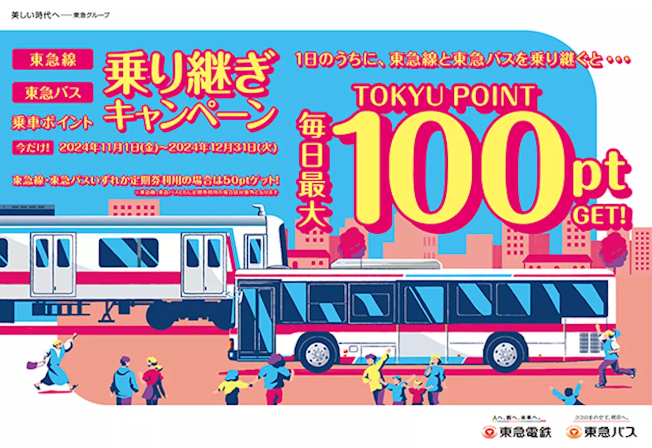 東急線と東急バスの両方を同日にご利用いただくと、最大１００ポイントのＴＯＫＹＵ ＰＯＩＮＴを加算する「乗り継ぎキャンペーン」を２０２４年１１月１日（金）から２０２４年１２月３１日（火）の期間限定で実施