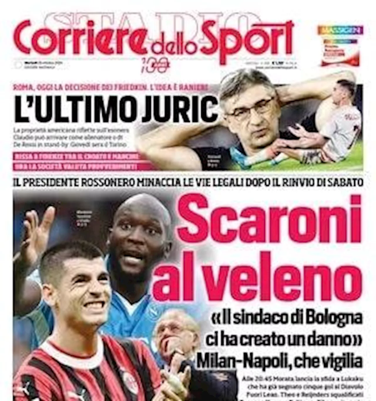 Il Corriere dello Sport apre sulle polemiche per il rinvio di Bologna-Milan: 'Scaroni al veleno'