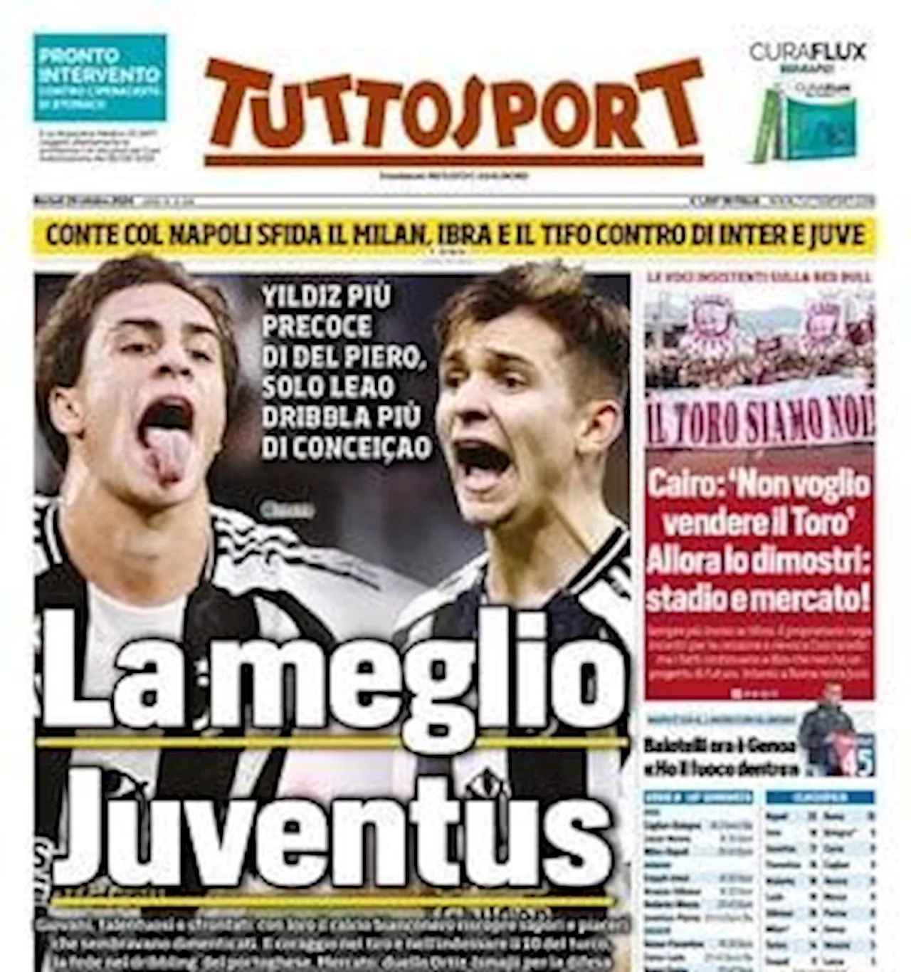 Yildiz e Conceicao nella prima pagina di Tuttosport: 'La meglio Juventus'