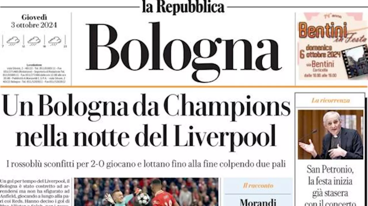 Repubblica (ed. Bologna): 'Un Bologna da Champions nella notte del Liverpool'