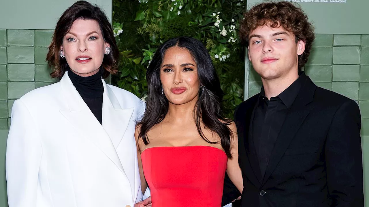 Linda Evangelista, 59, poses with son Augustin, 18, and his stepmother Salma Hayek, 58