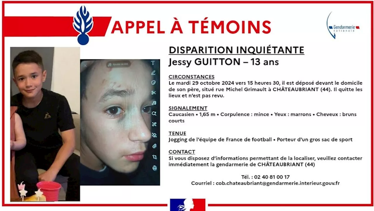 Disparition de Jessy, 13 ans, à Châteaubriant : l’ado n’a pas donné de nouvelles depuis 24 heures après avoir