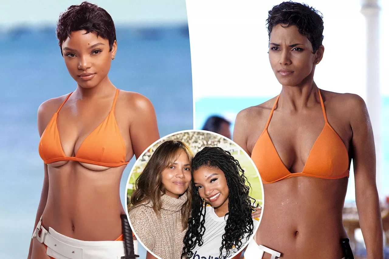 Halle Bailey dresses as Halle Berry's iconic 'Die Another Day' character in orange bikini for Halloween