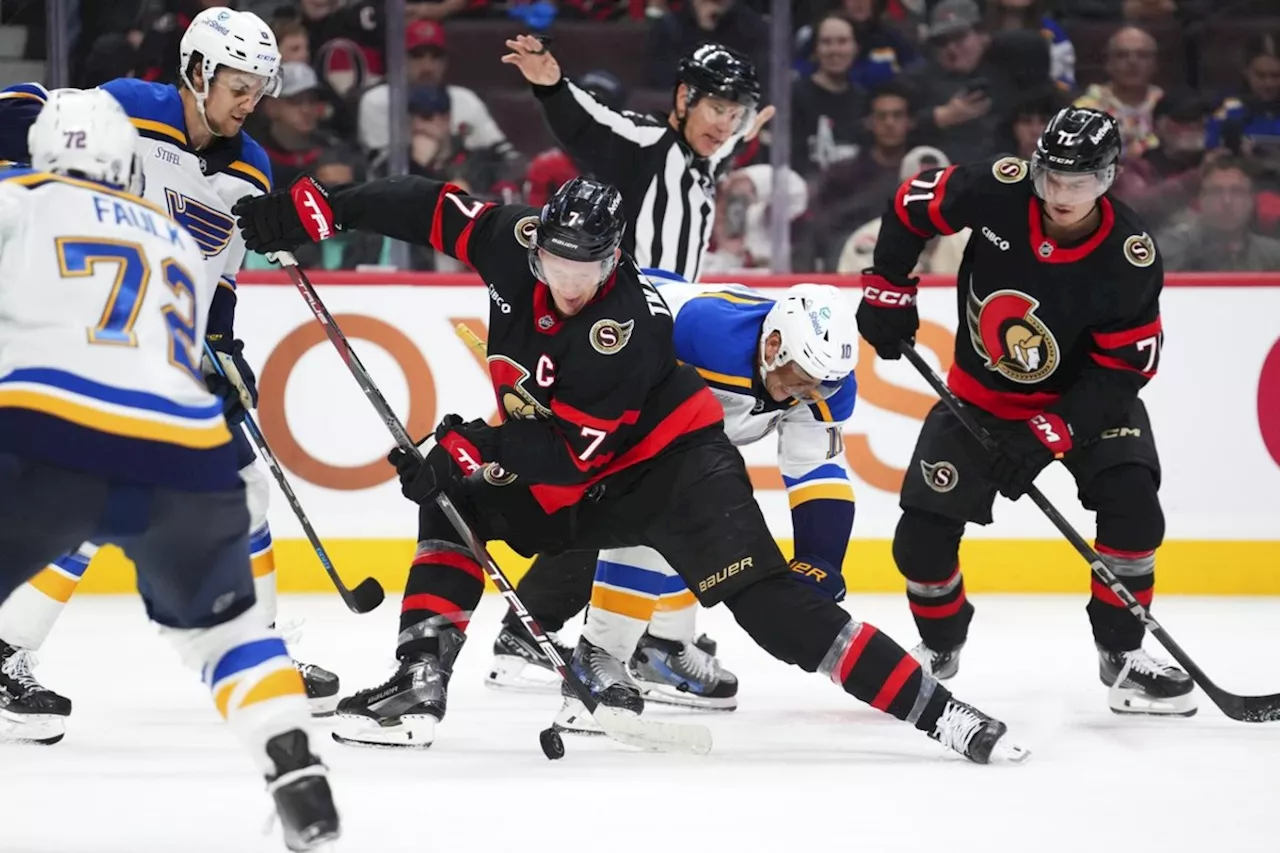 Senators crank up offensive power, whip Blues 8-1