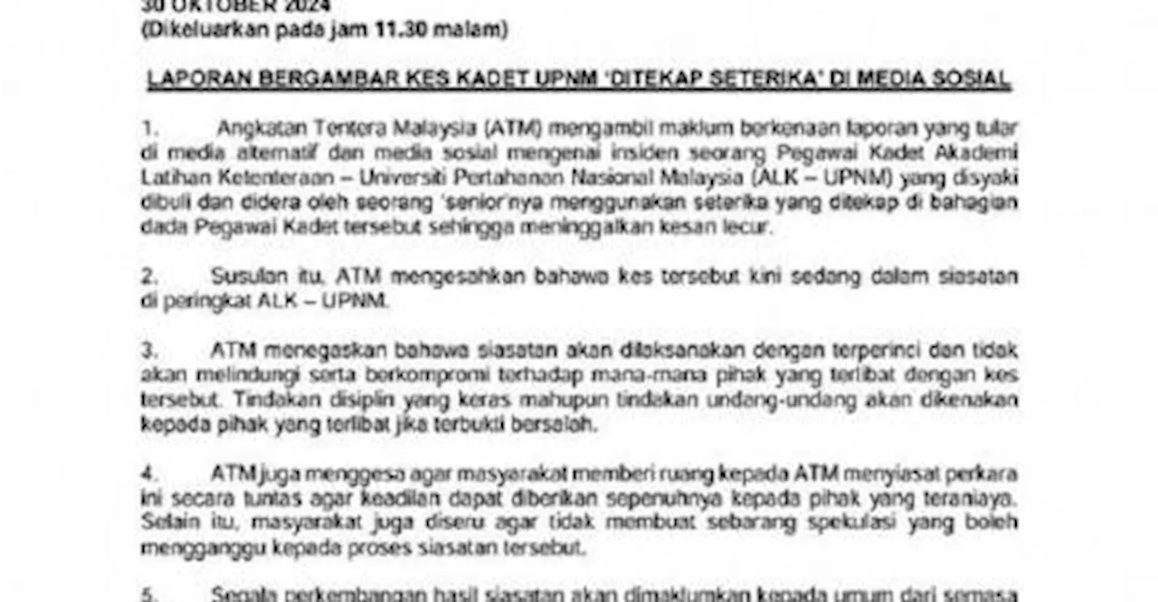 MAF probing bullying incident using iron at UPNM