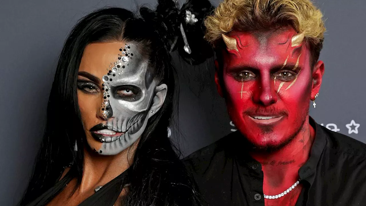 Katie Price turns heads in a skeleton costume while boyfriend JJ Slater transforms into a devil as...